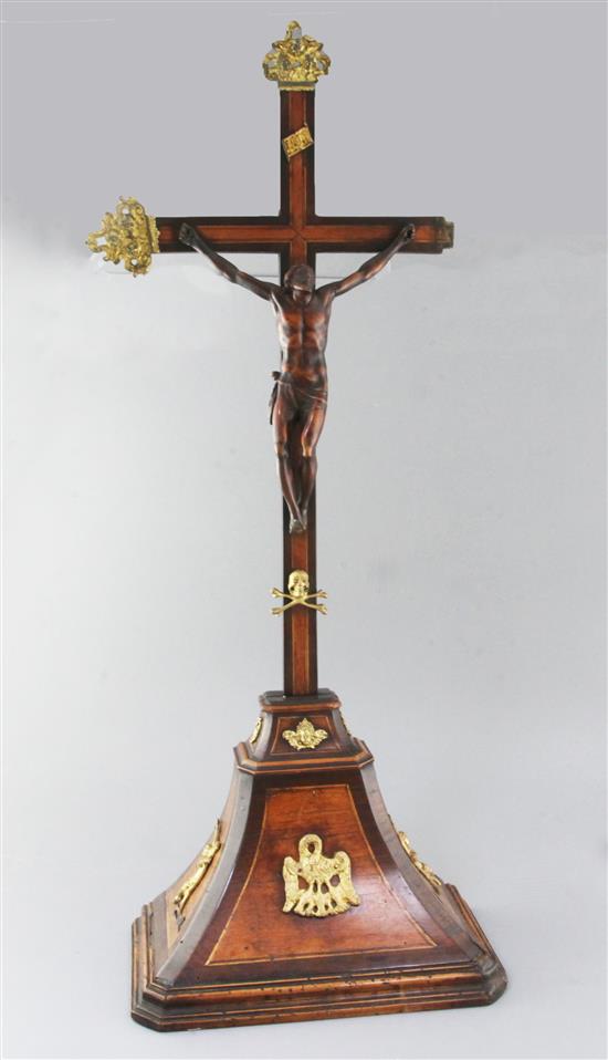 A 19th century Italian ormolu mounted rosewood and walnut crucifix, 33in.